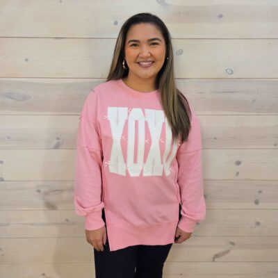 Bow Sequin XOXO Graphic Exposed  Seam Baggy Sweatshirt