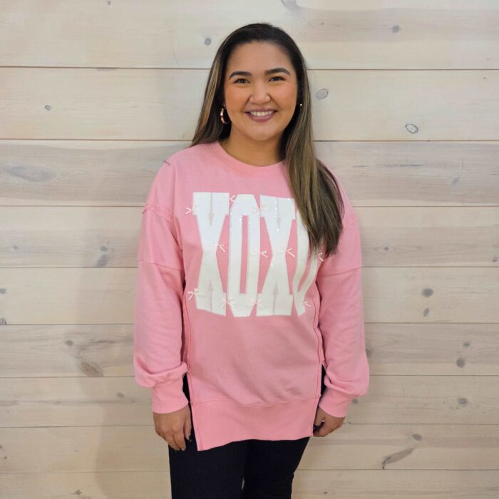 Bow Sequin XOXO Graphic Exposed  Seam Baggy Sweatshirt