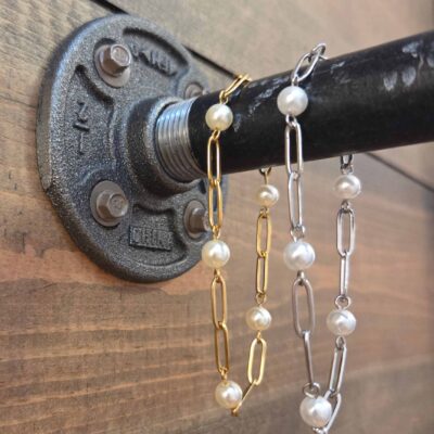 18K Gold PVD Stainless Steel Station Pearl Paperclip Bracelet