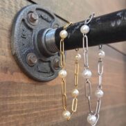 18K Gold PVD Stainless Steel Station Pearl Paperclip Bracelet
