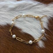 18K Gold PVD Stainless Steel Station Pearl Paperclip Bracelet