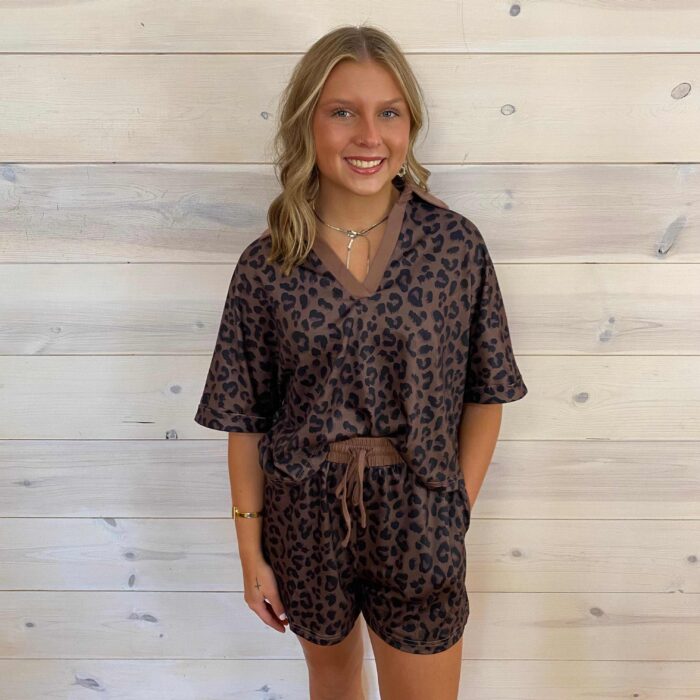 V Neck Collar Patchwork Leopard Printed Short Set
