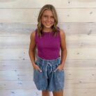 Drawstring Elastic Waist Mineral Washed Chambray Shorts With Pockets