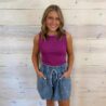 Drawstring Elastic Waist Mineral Washed Chambray Shorts With Pockets