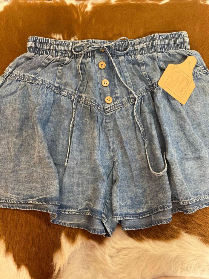 Washed Chambray Button Detail Flare Shorts