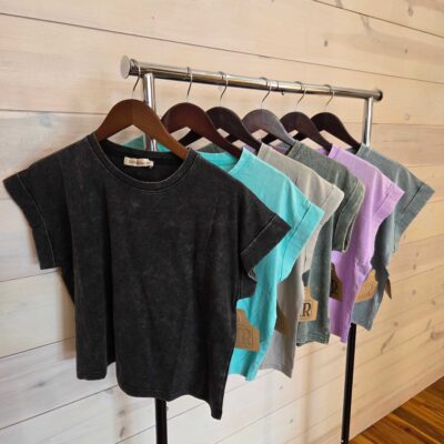 Washed 100% Cotton Cuffed Short Sleeve Top