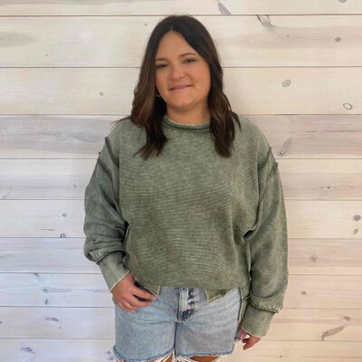 Double Ribbed Exposed Seam Acid Washed Long Sleeve Pullover
