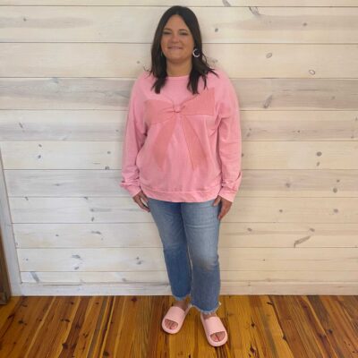 Mineral Wash Bow Patchwork Waffle Sweatshirt