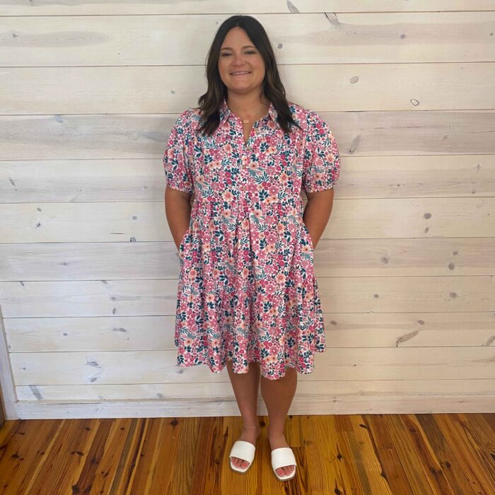 Floral Half Button Short Puff Sleeve A-Line Dress With Pockets