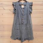 Sweet Ruffle Button Front Denim Romper With Front Pockets