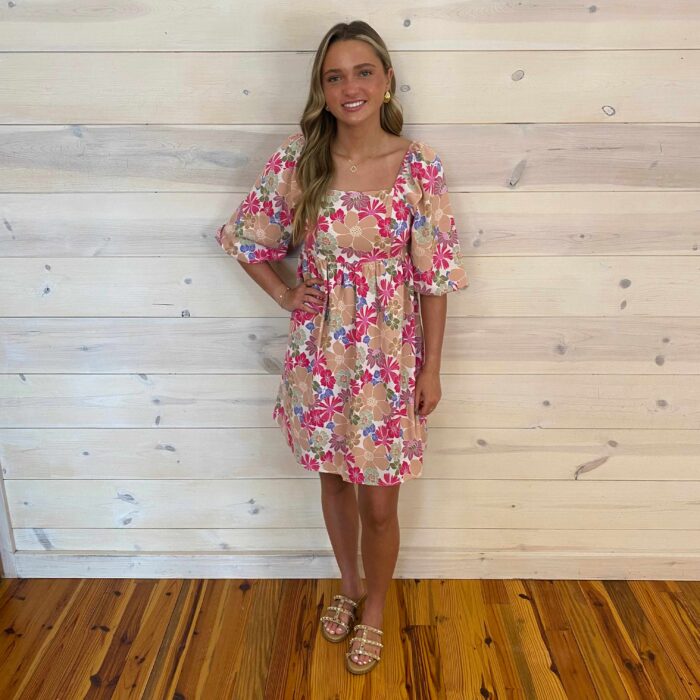 Summer Floral Square Neck Puff Sleeve Babydoll Dress