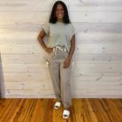 Bow Detail Stripe Textured Woven Pants With Front Pockets