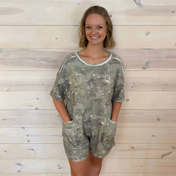 Camo Print Knit Casual Romper With Front Pockets