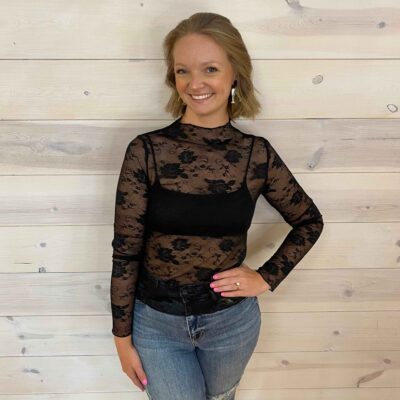 Mock Neck Floral Lace Mesh Long Sleeve Top