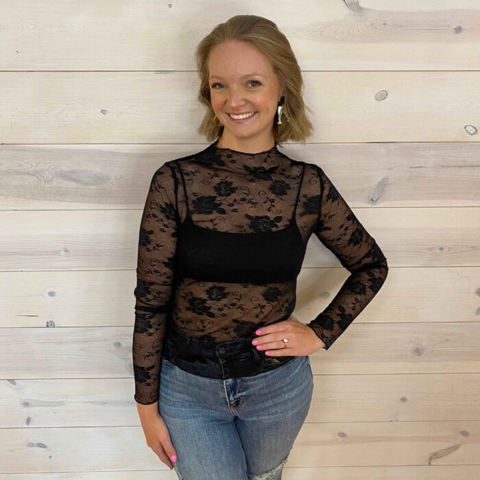 Mock Neck Floral Lace Mesh Long Sleeve Top