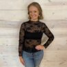 Mock Neck Floral Lace Mesh Long Sleeve Top