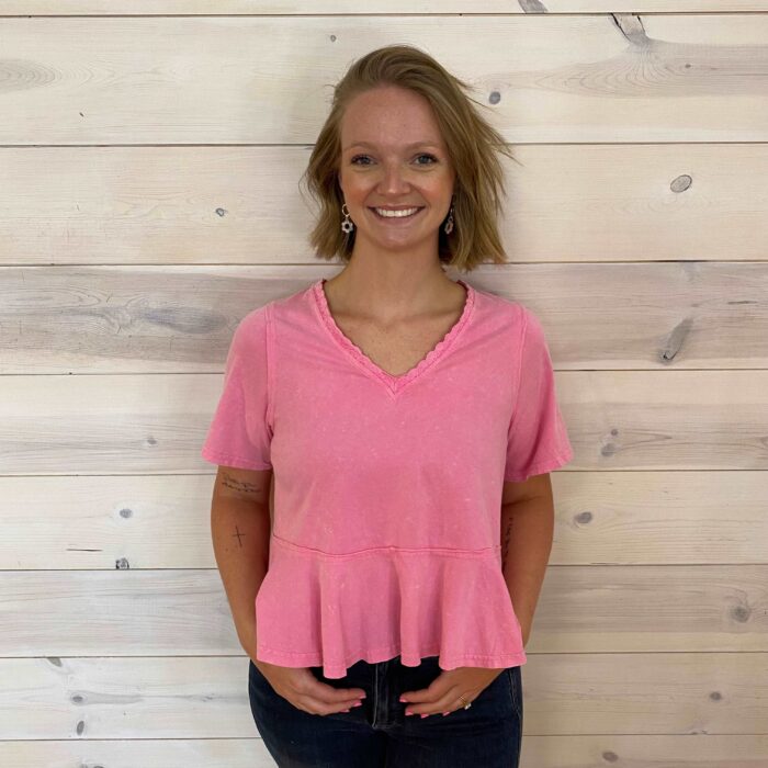 Lace Trim Detail Mineral Washed V-Neck Knit Top
