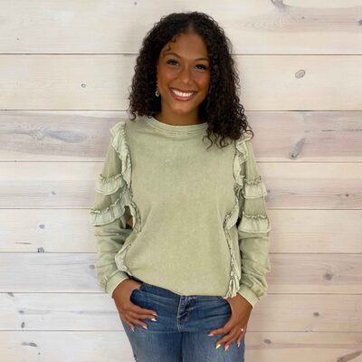 Ruffle Mineral Wash Long Sleeve Pullover Top
