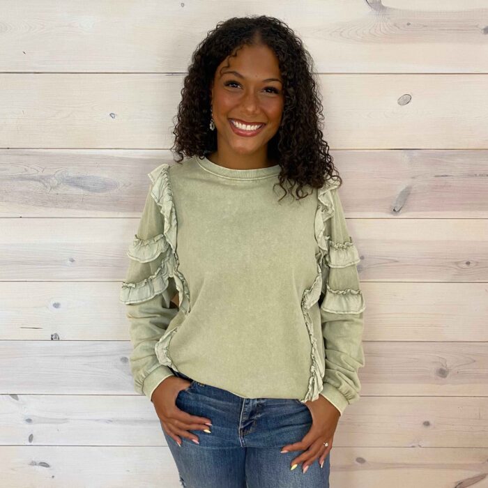 Ruffle Mineral Wash Long Sleeve Pullover Top