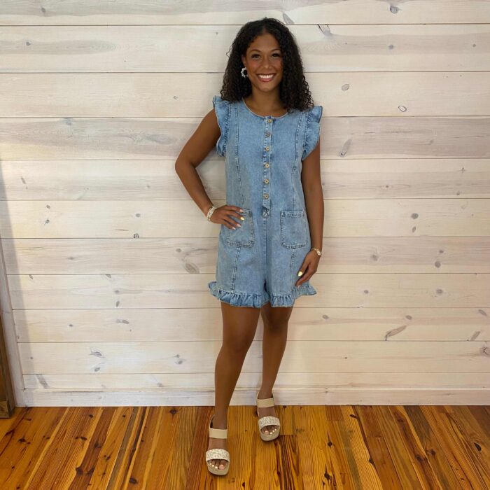 Sweet Ruffle Button Front Denim Romper With Front Pockets