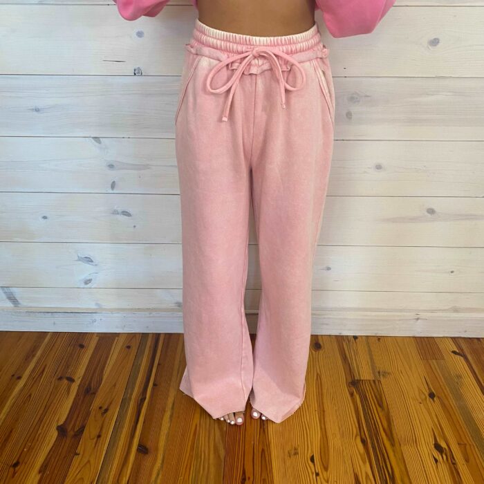 Acid Wash Fleece Palazzo Sweatpants with Pockets