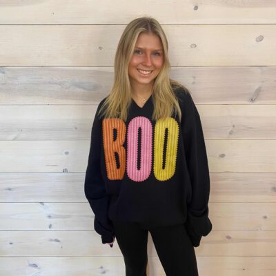 BOO Striped Split Neck Graphic Sweatshirt