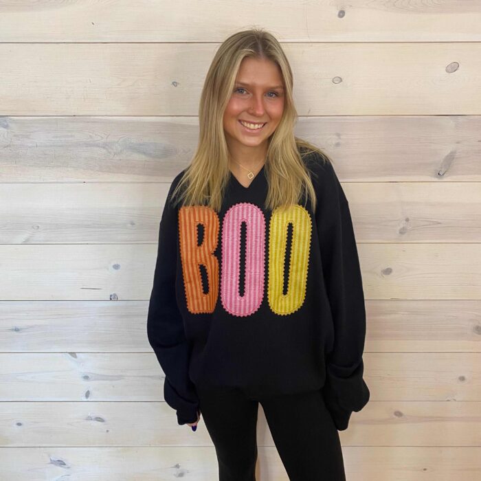 BOO Striped Split Neck Graphic Sweatshirt